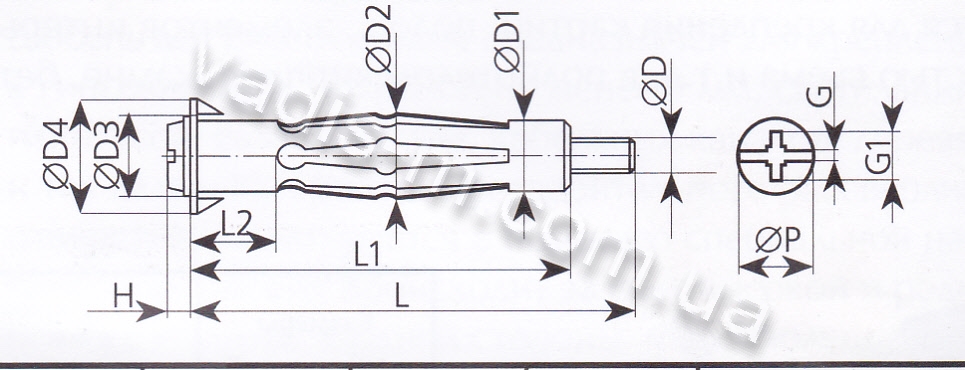 Дюбель для пустотілих основ-креслення з розмірами