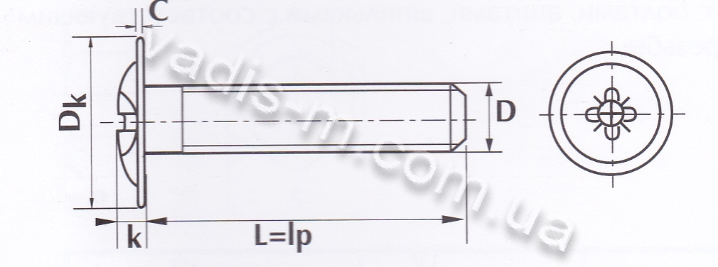 Винт метрический Pozi Wf DIN 967 полукруглая головка с буртиком-чертеж с размерами