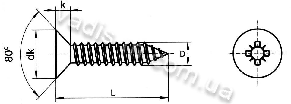  Креслення з розмірами - шуруп по металу DIN 7982 потайна головка (потай) білий цинк