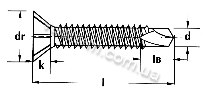 Креслення з розмірами -саморіз зі свердлом по металу з метричною різьбою