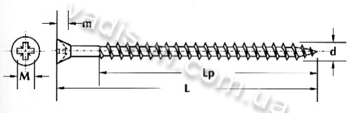 Креслення з розмірам - шуруп універсальний з потайною головкою білий цинк