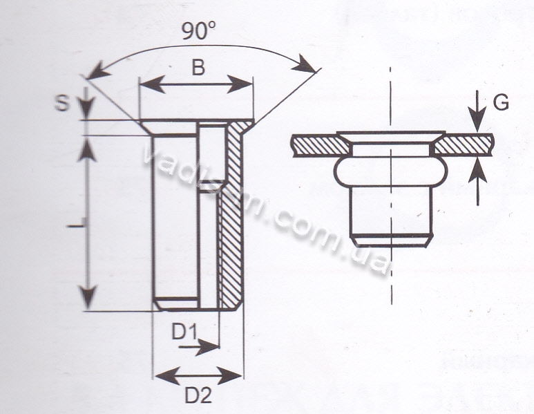 Гайка-заклепка круглая головка потайная-чертеж с размерами